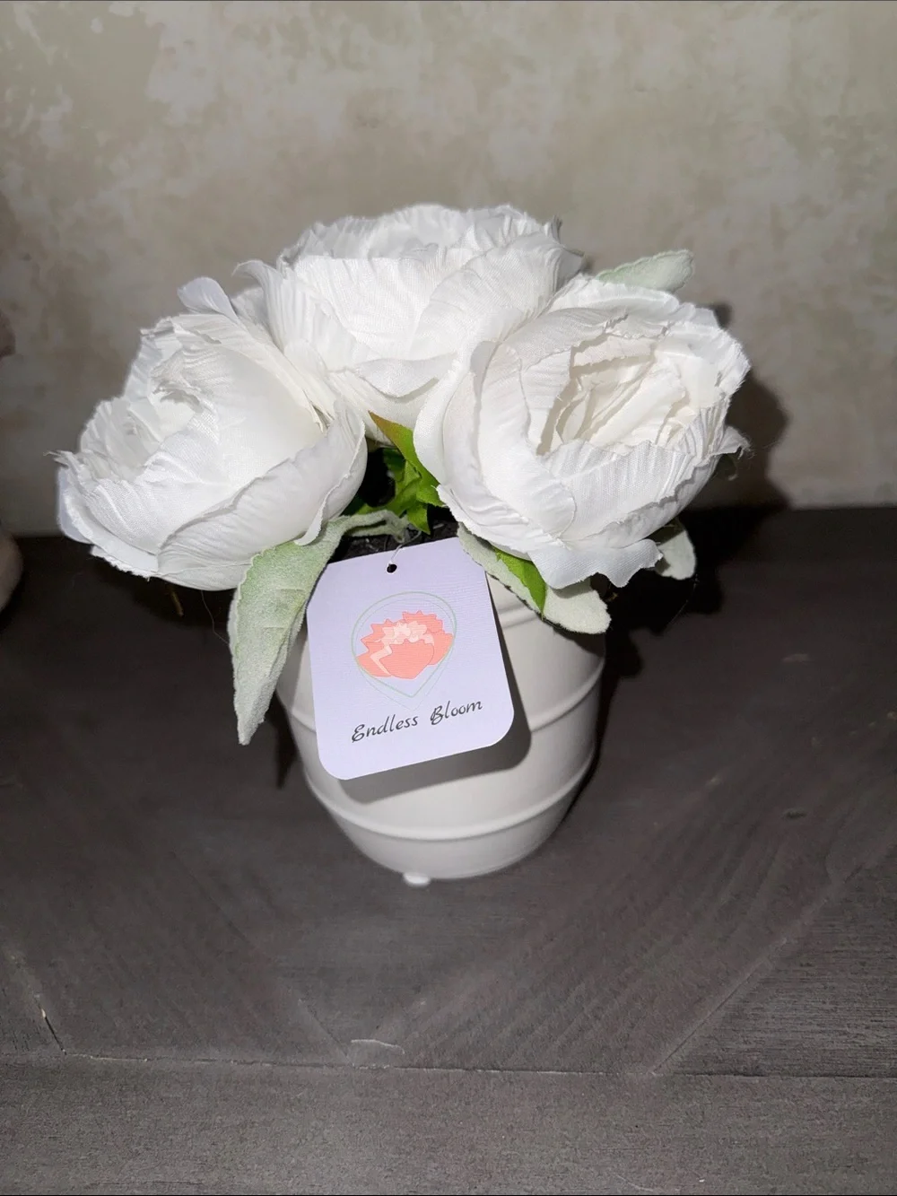 White Faux Rose Bouquet in White Ceramic Planter - Decorative Home Accent